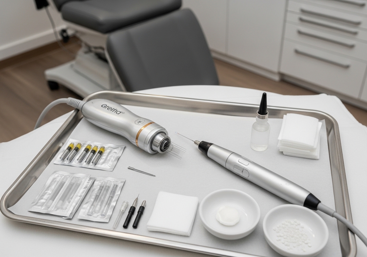 RF microneedling and plasma pen devices arranged for combination skin treatment