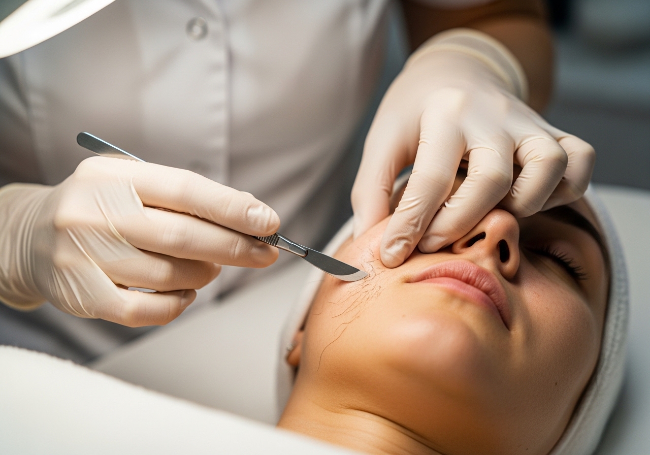 Medical aesthetician performing professional dermaplaning treatment with surgical scalpel