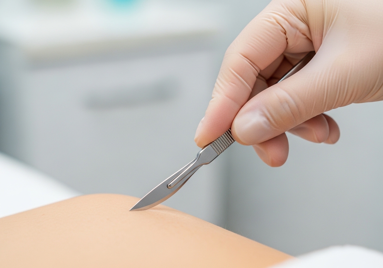 Close-up of sterile surgical scalpel being used for professional dermaplaning technique