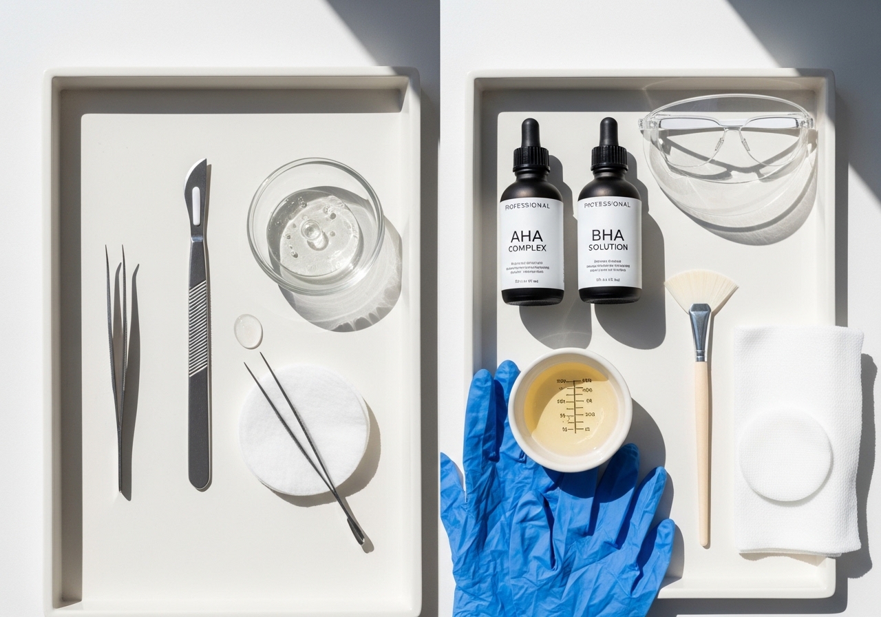 Professional dermaplaning and chemical peel treatment tools arranged for combination therapy