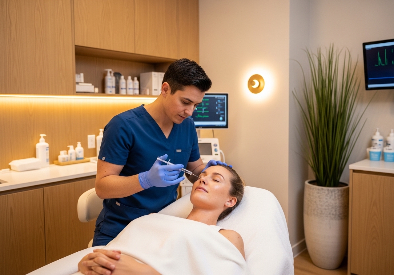 Medical professional administering PRP therapy to client in modern spa treatment room