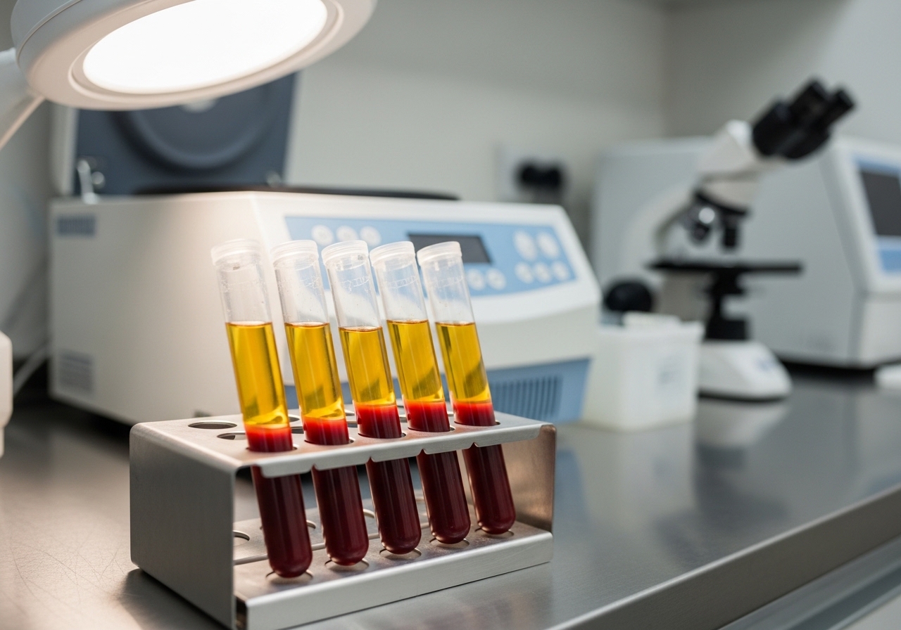 Centrifuge tubes showing separated platelet-rich plasma for regenerative therapy