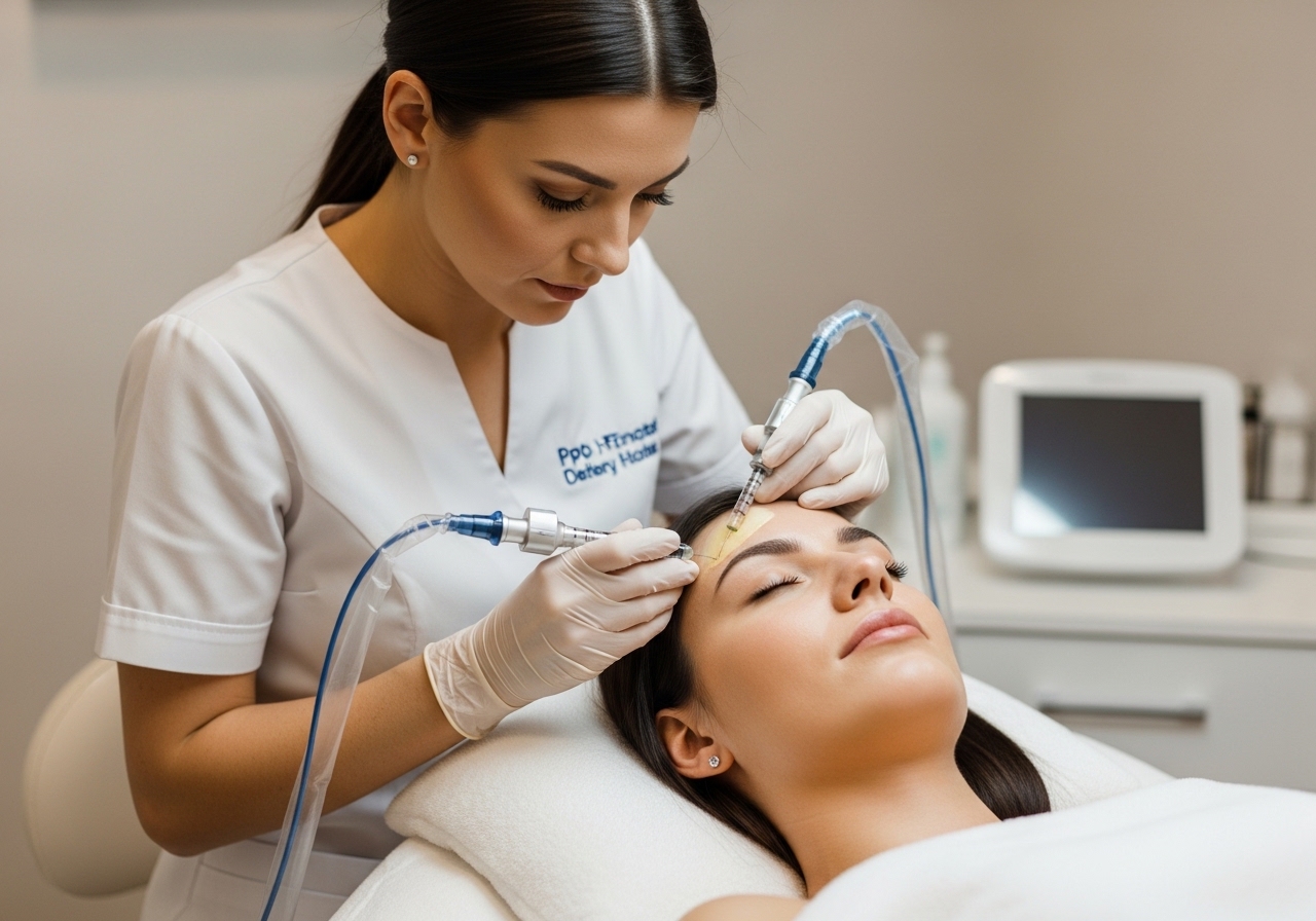 Medical professional applying PRP facial treatment to relaxed client