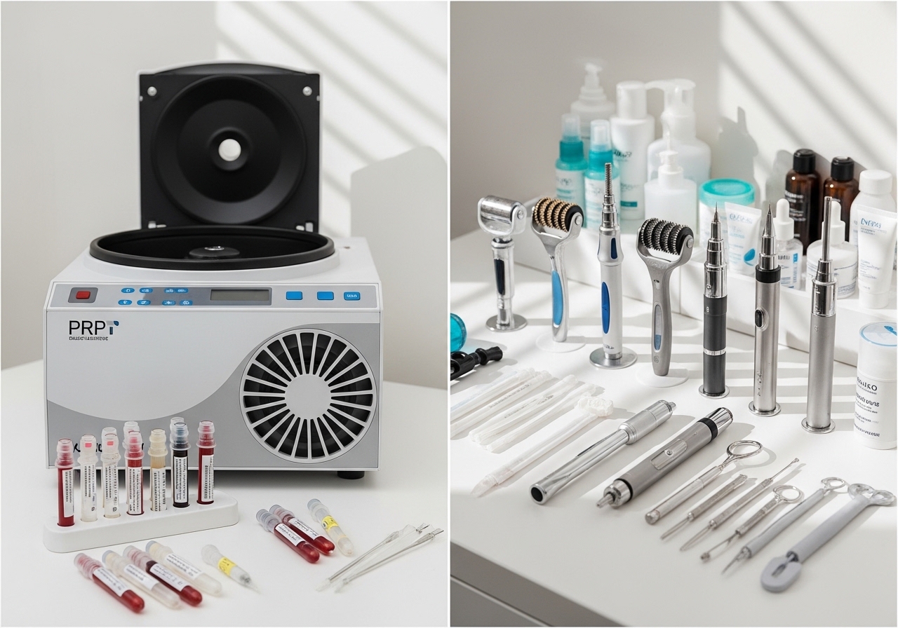 Treatment room setup with PRP and microneedling equipment for combination therapy
