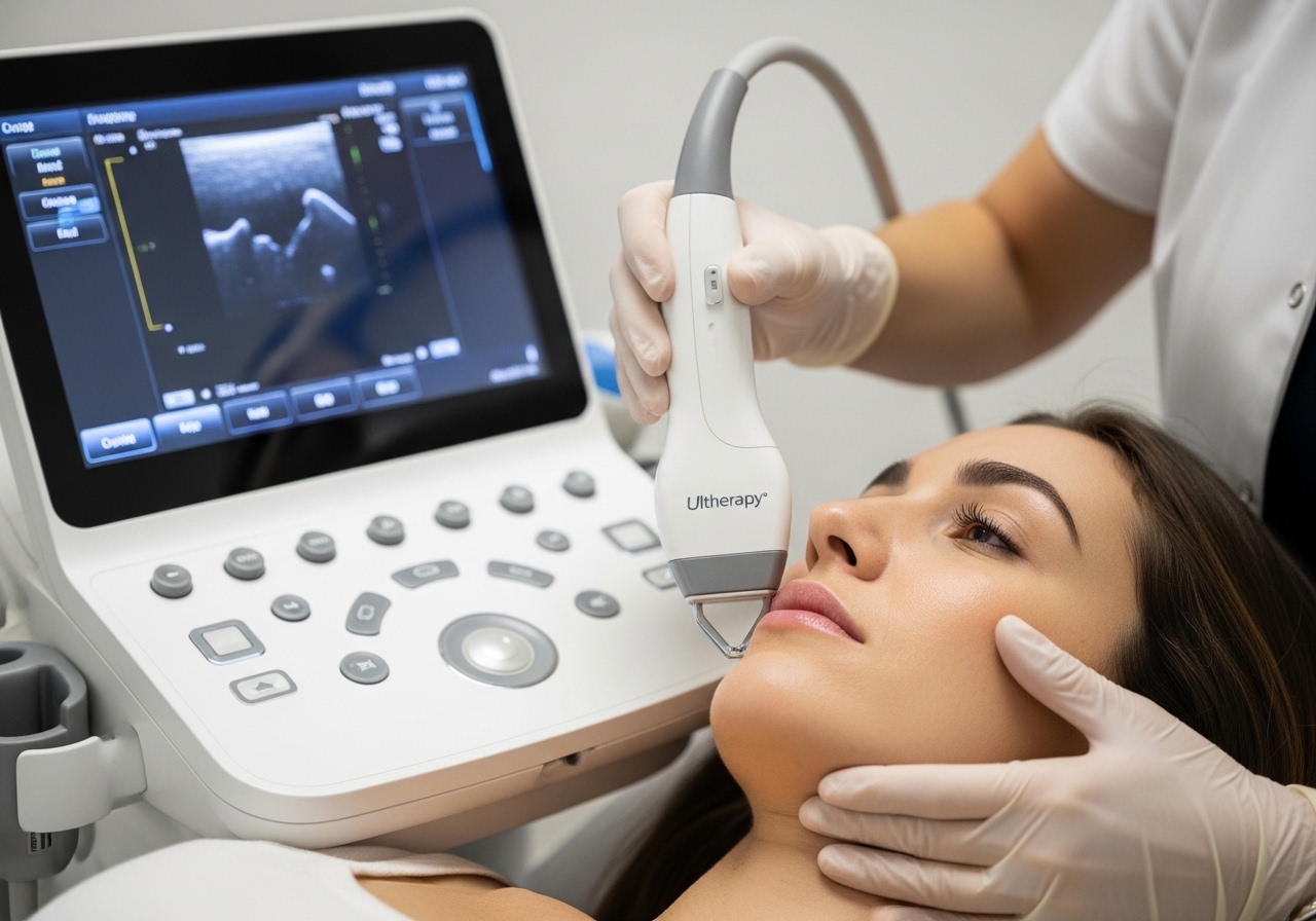 Ultherapy ultrasound device being used for precision facial treatment