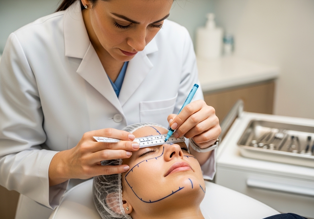 Medical practitioner performing customized facial treatment mapping assessment