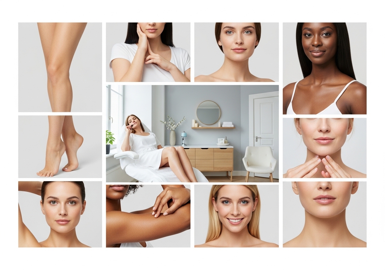 Model showing various body areas suitable for laser hair removal treatment