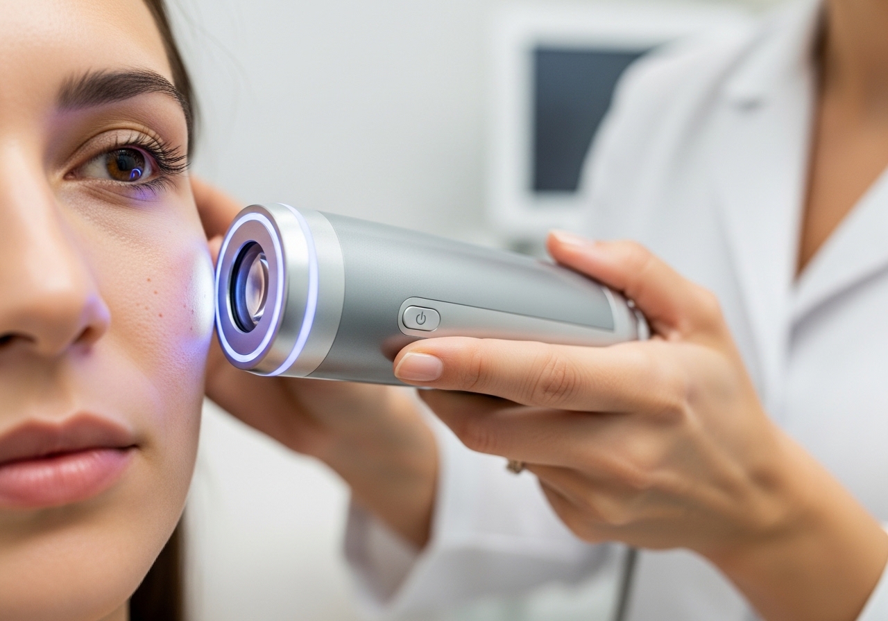 Medical professional performing comprehensive skin analysis using advanced equipment
