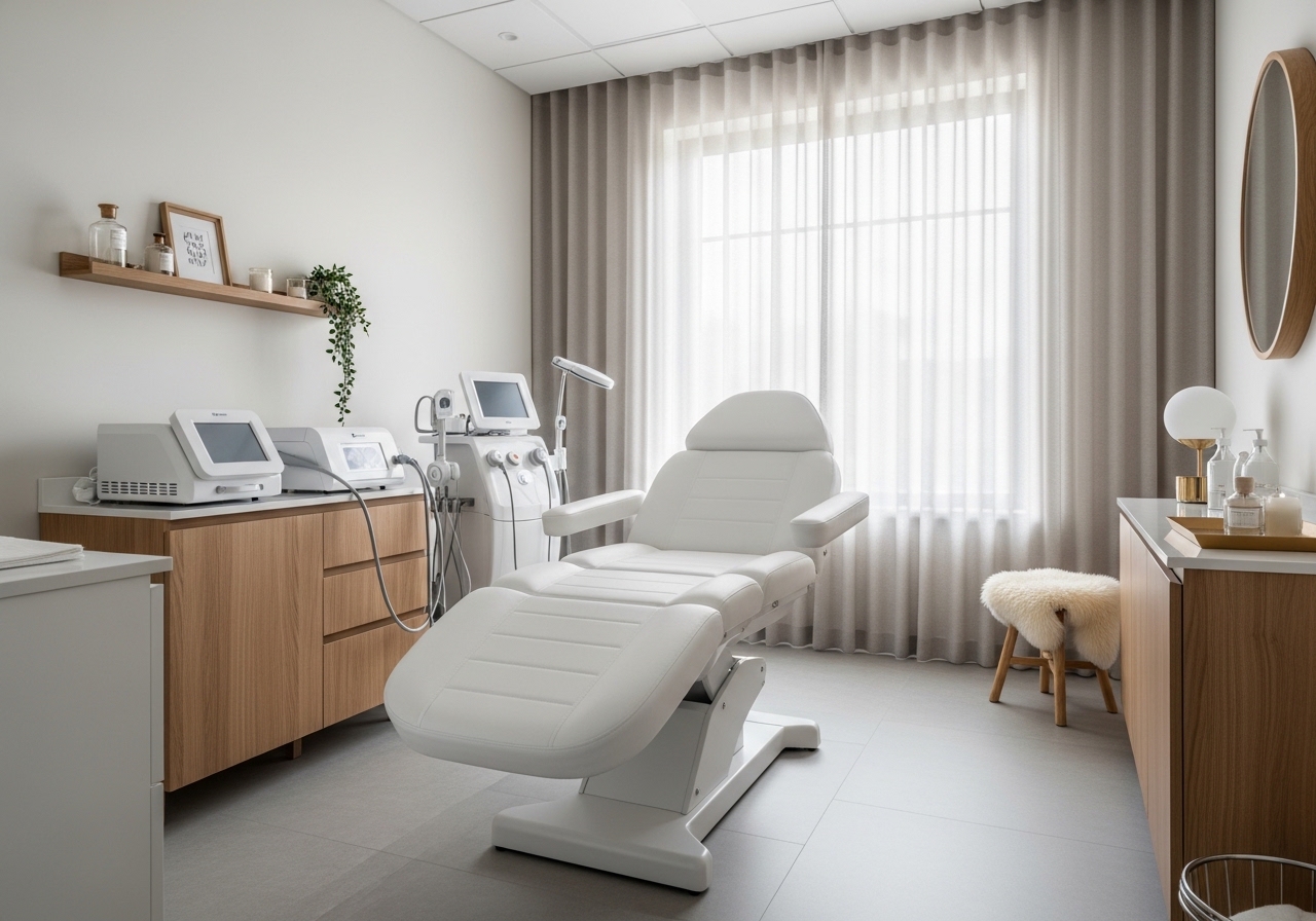 Modern medical spa facial treatment room with clean design and professional equipment