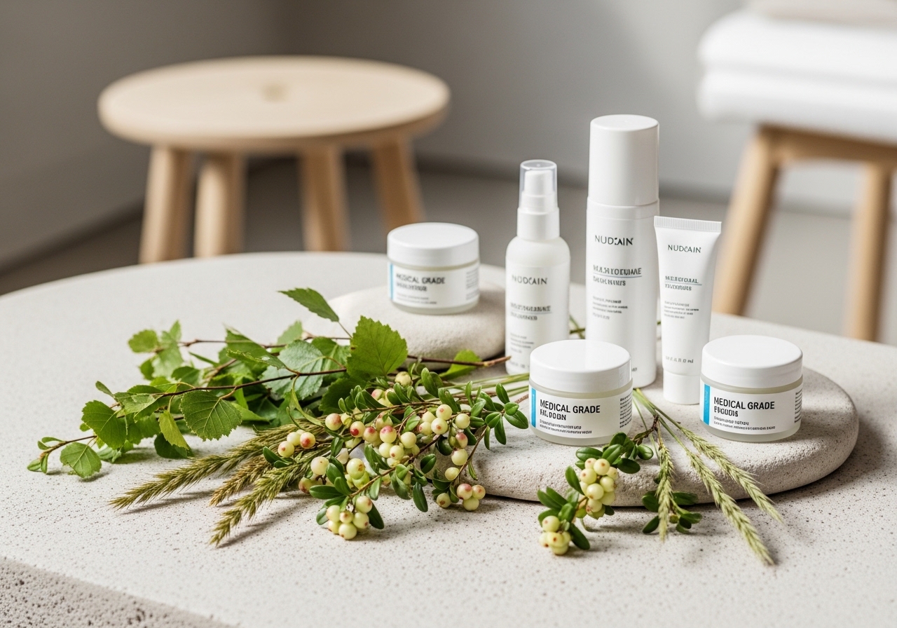 Natural Swedish skincare ingredients and medical-grade products in minimalist arrangement