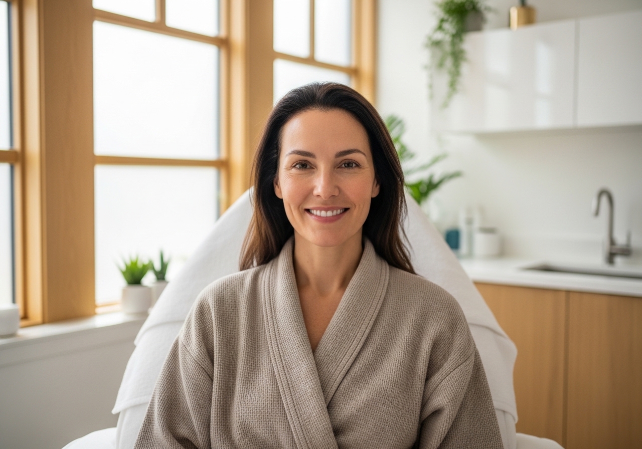 Woman with natural-looking Botox results in modern medical spa setting