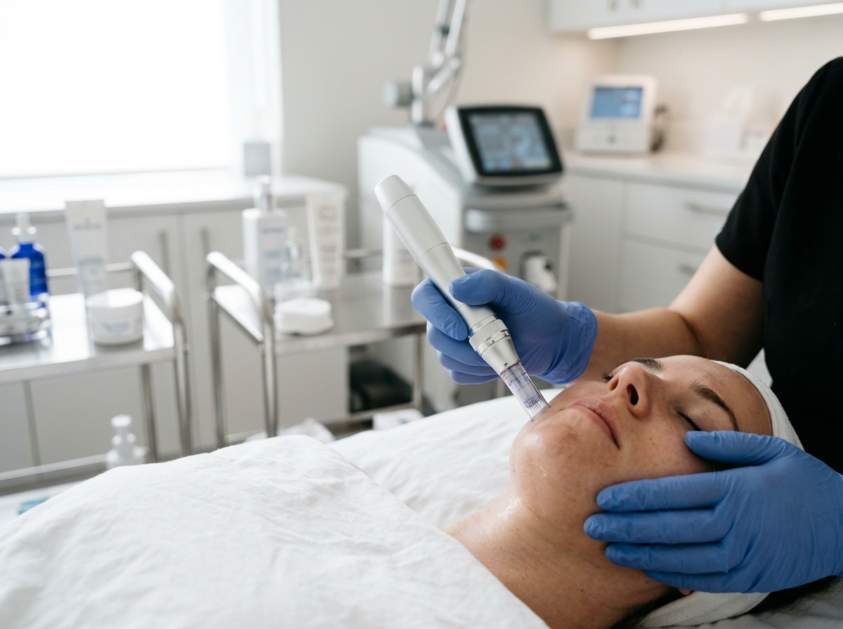 Medical professional performing microneedling treatment with professional device