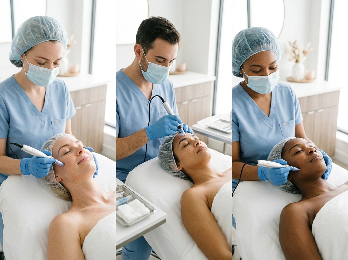 Microneedling treatment being safely performed on clients with diverse skin types