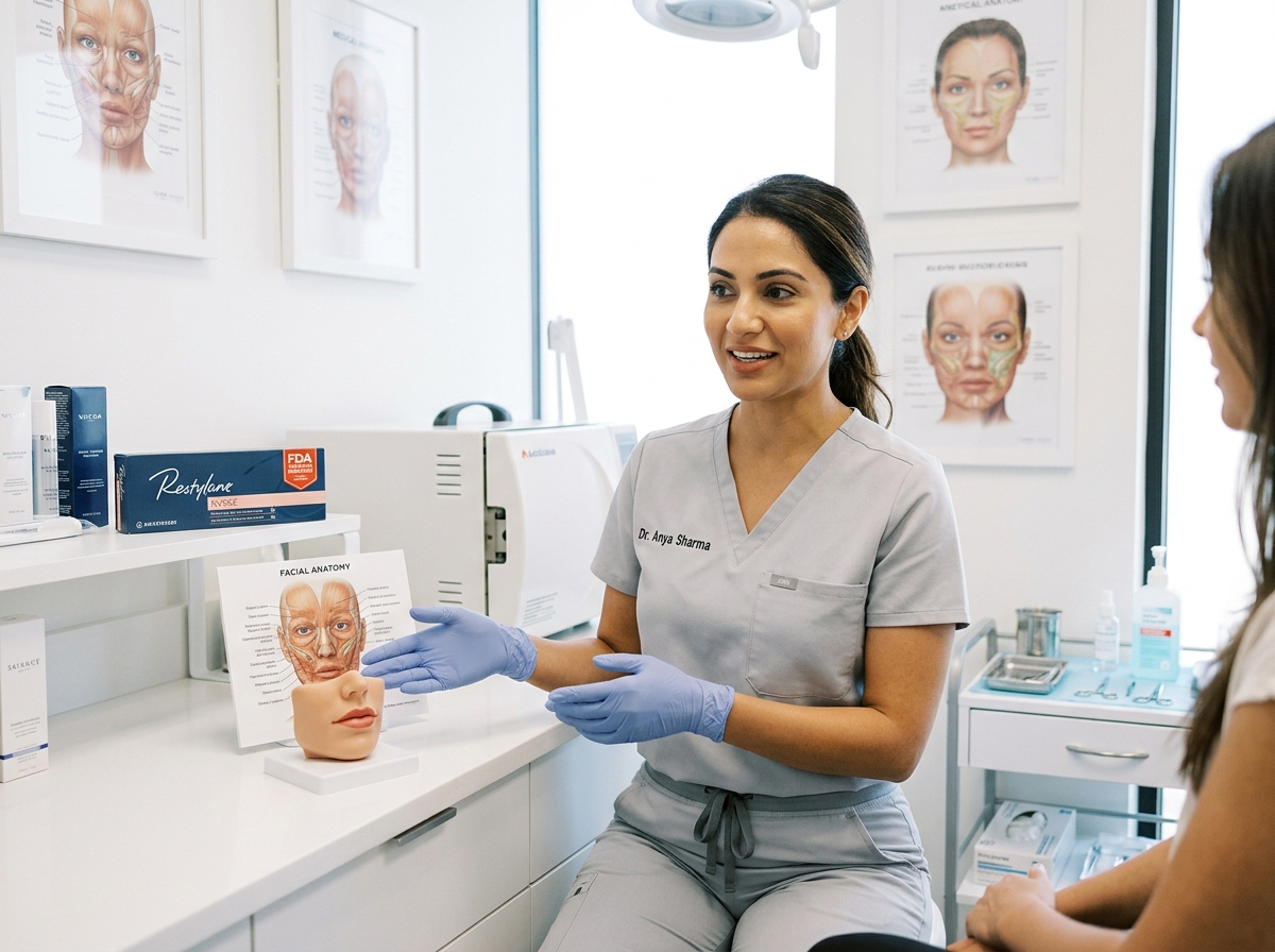 Medical professional explaining lip enhancement procedures in clinical consultation room