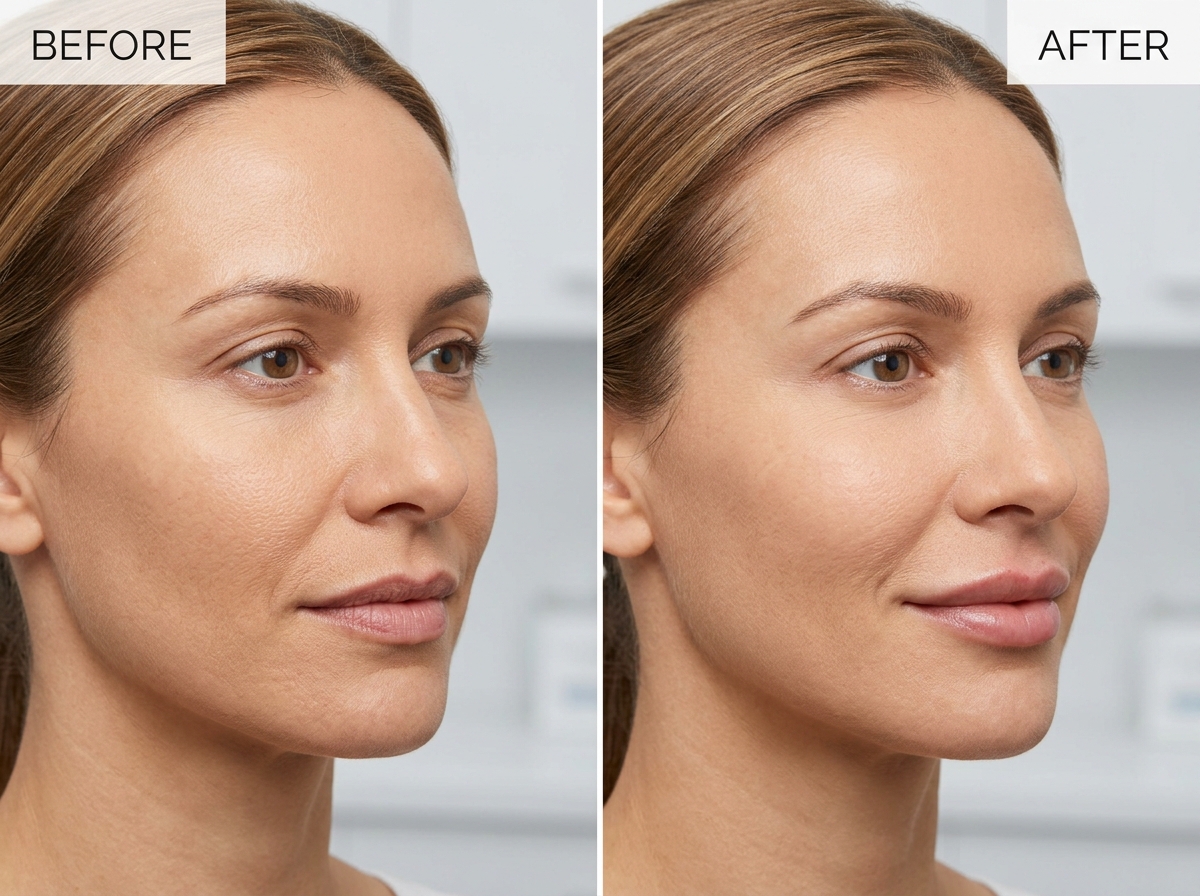 Before and after comparison showing subtle, natural lip enhancement results
