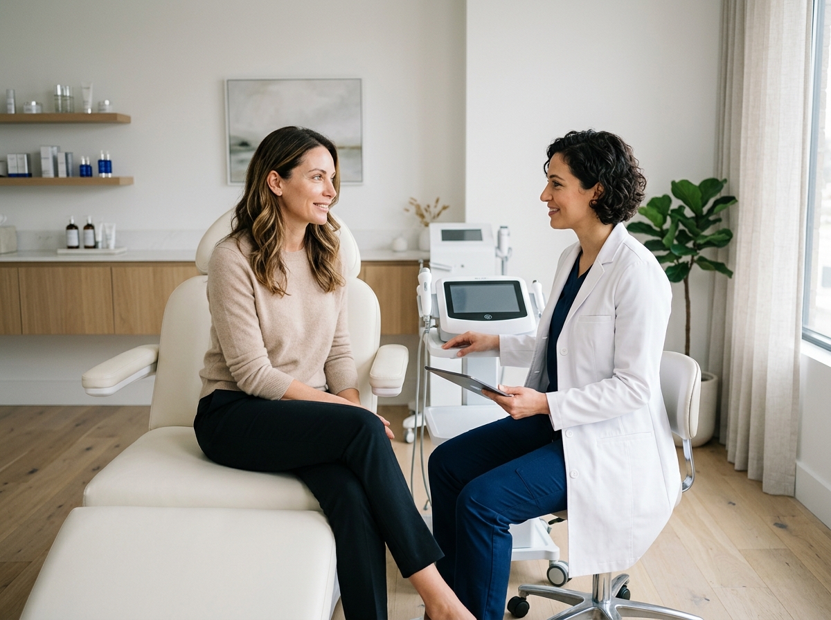 Woman receiving consultation in modern medical spa with Swedish-inspired design