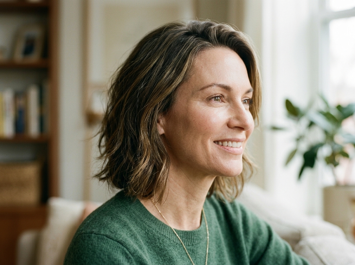 Woman showing natural cheek enhancement and restored facial contours