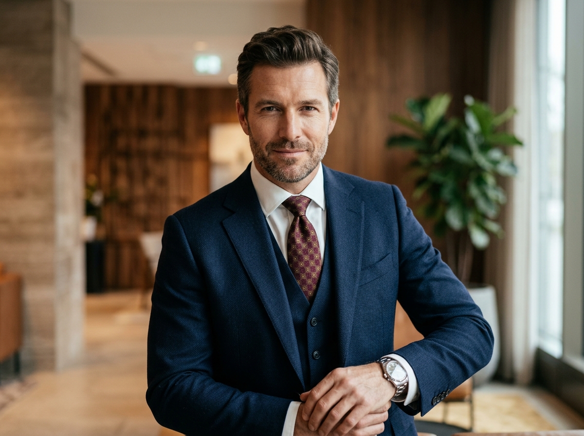Professional man showing natural masculine facial enhancement results