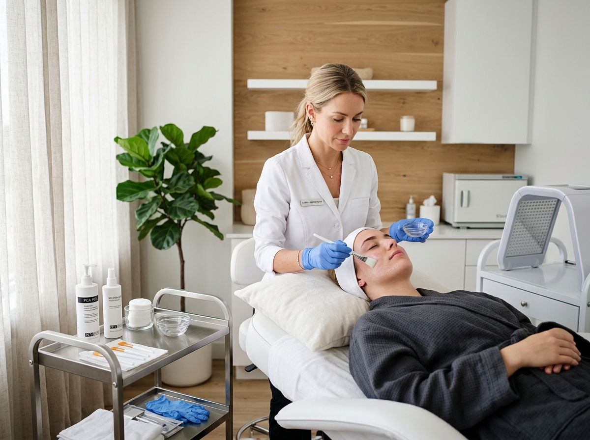 Professional chemical peel treatment being performed in modern medical spa