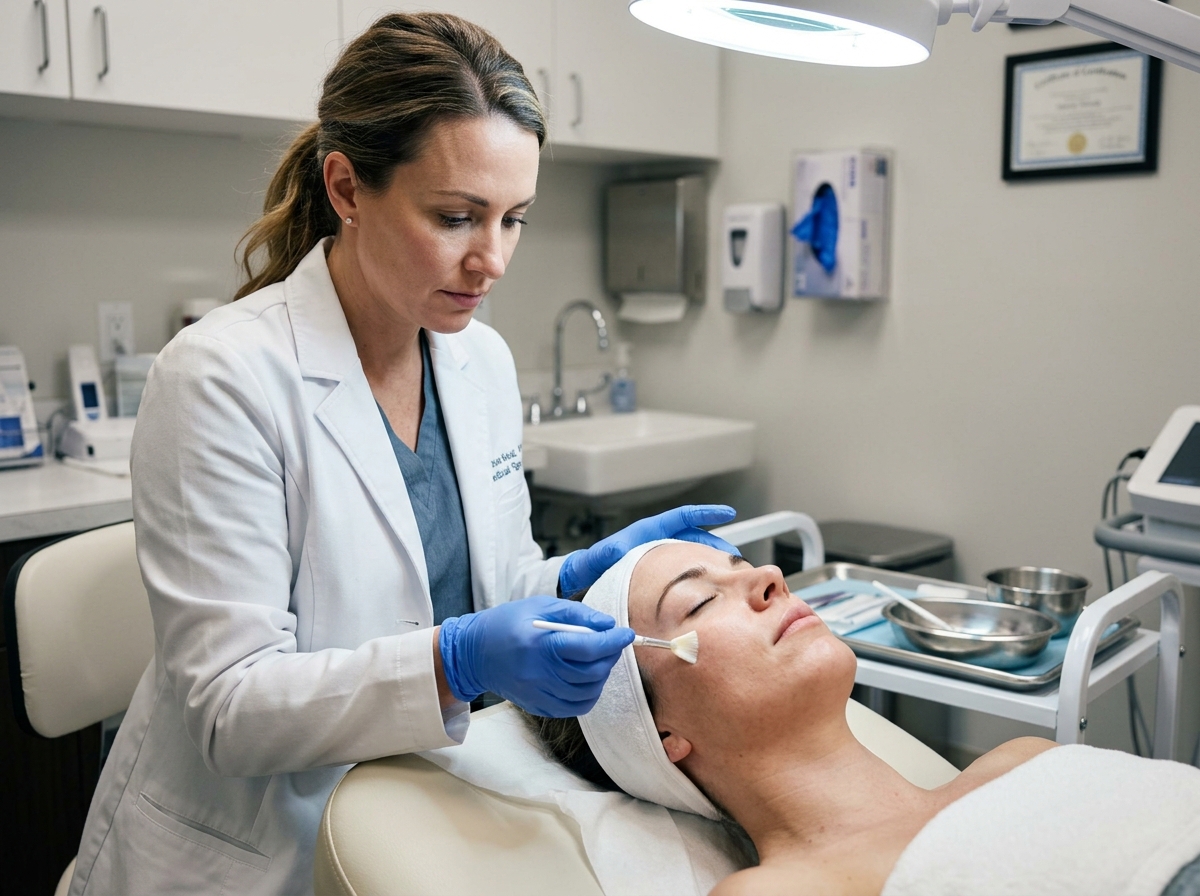 Medical professional applying medium-depth chemical peel with precision