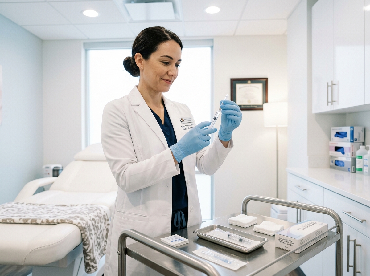 Medical professional preparing sterile injection equipment in treatment room