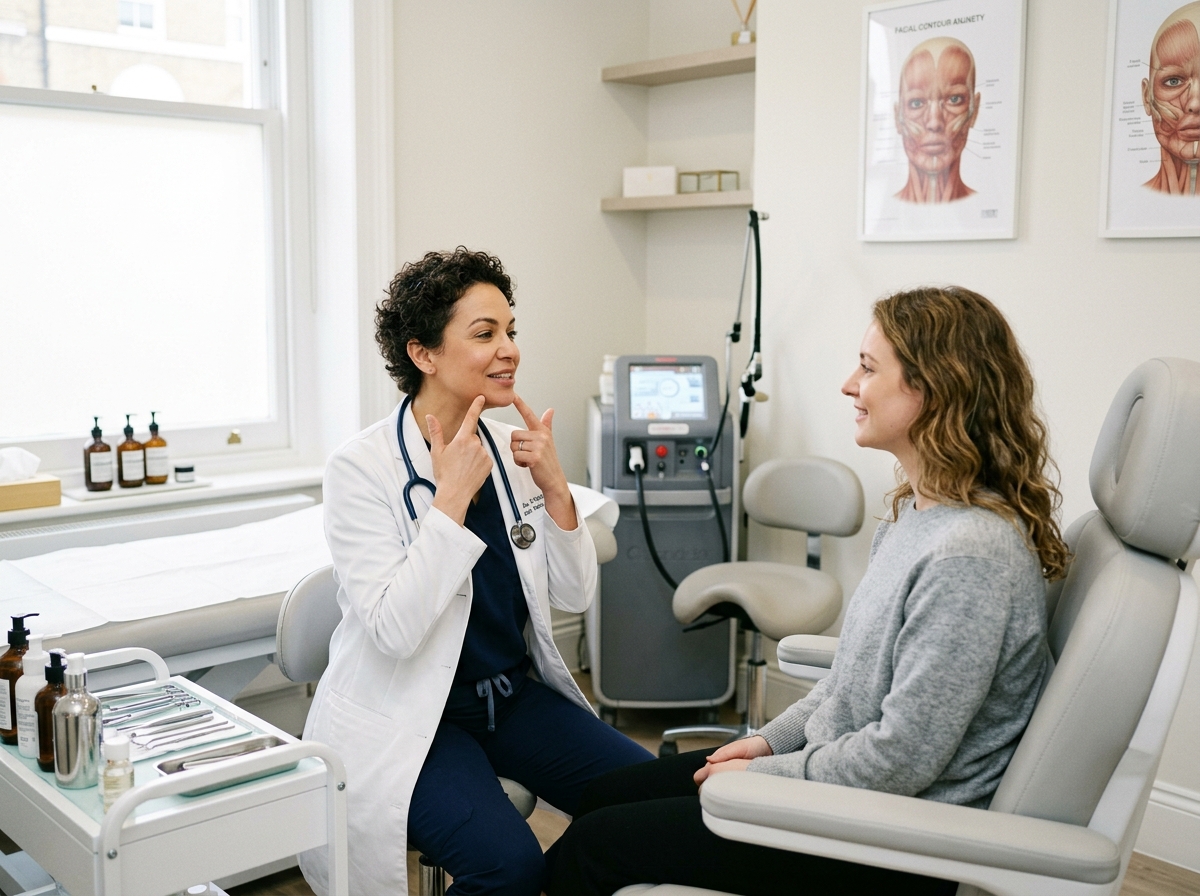 Medical professional conducting facial assessment consultation in treatment room
