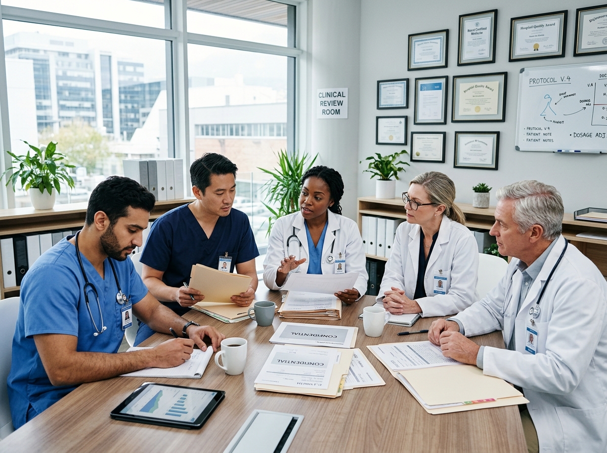 Medical team reviewing treatment protocols in professional clinical setting