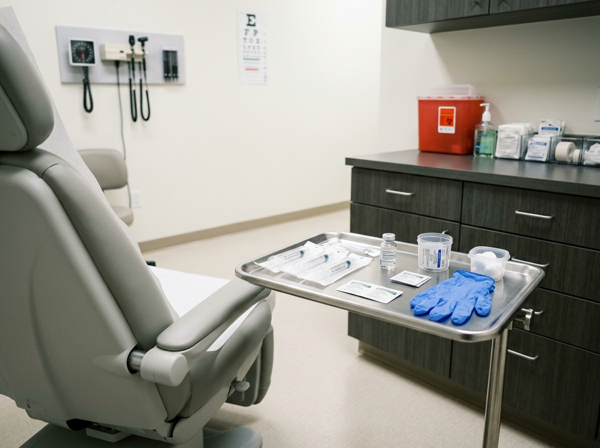Sterile medical treatment room with safety equipment and FDA-compliant supplies