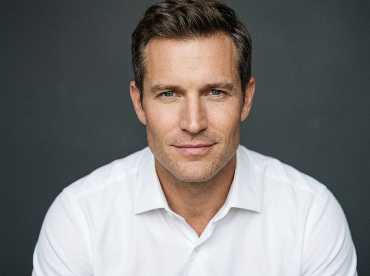 Professional man with enhanced masculine facial features looking confident and polished