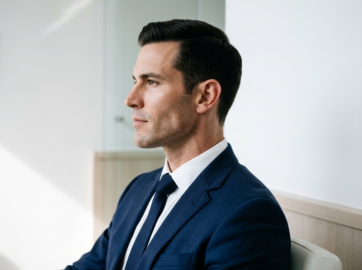 Side profile of man showing strong, defined jawline enhanced with fillers