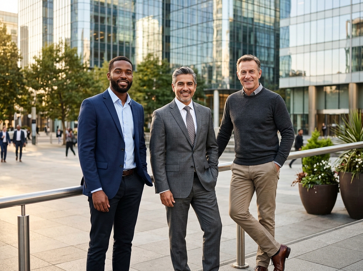 Group of professional men representing ideal candidates for male dermal filler treatments