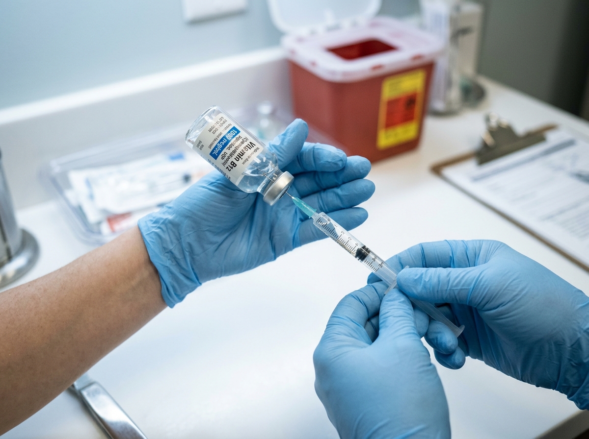 Medical professional preparing B12 injection with sterile technique