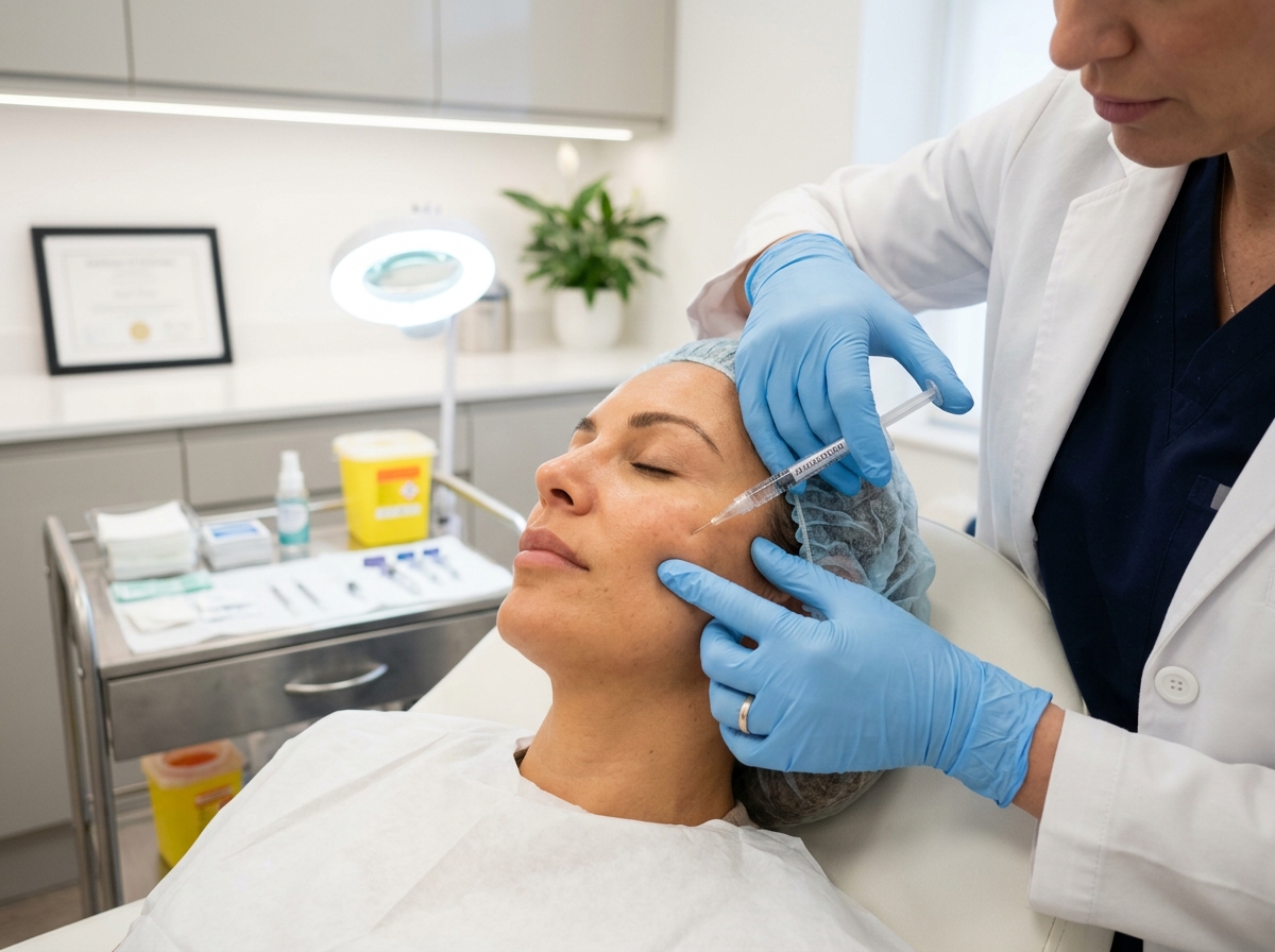 Dermatologist administering cheek filler injection to patient in modern medical clinic during cosmetic treatment procedure.