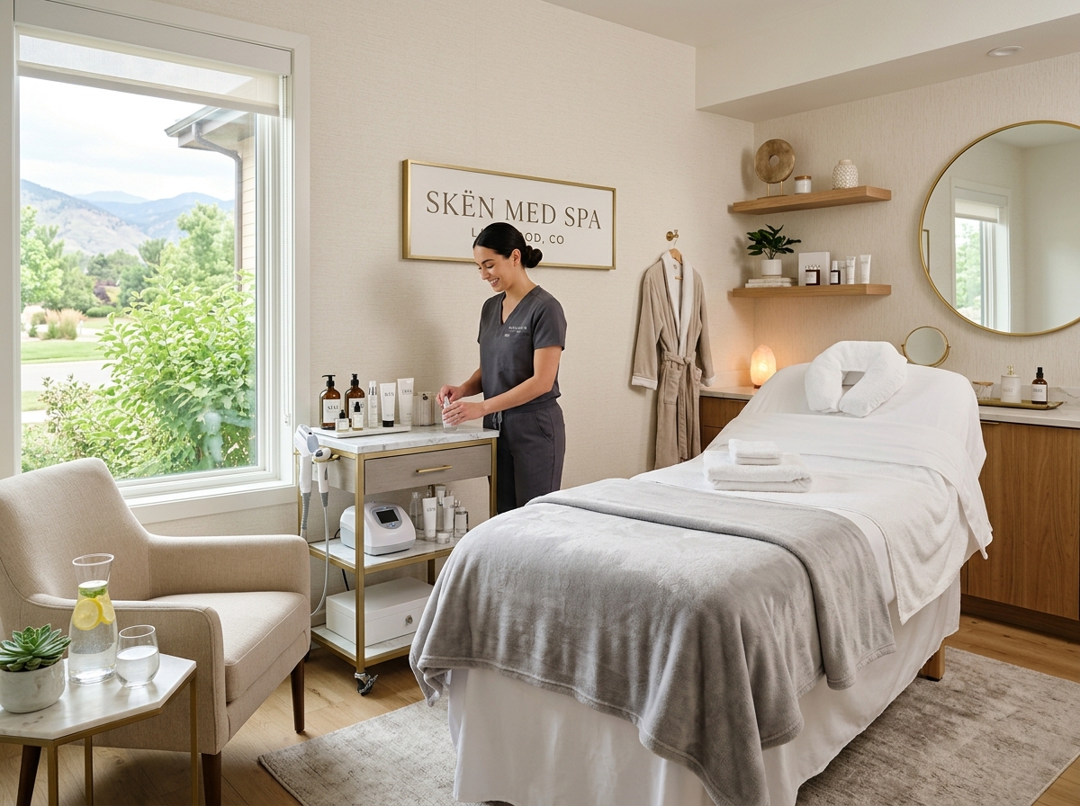 Spa therapist in dark uniform arranging products near treatment bed in modern wellness room with mountain view