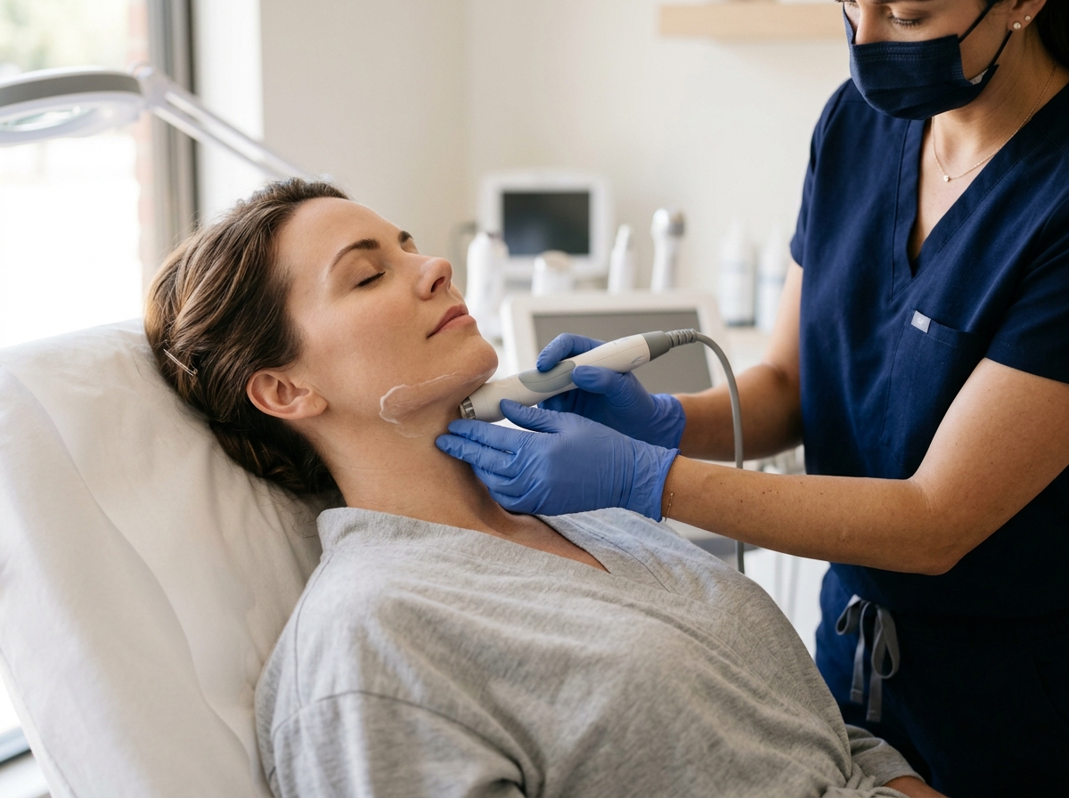 Professional aesthetic skin tightening treatment on face and neck area