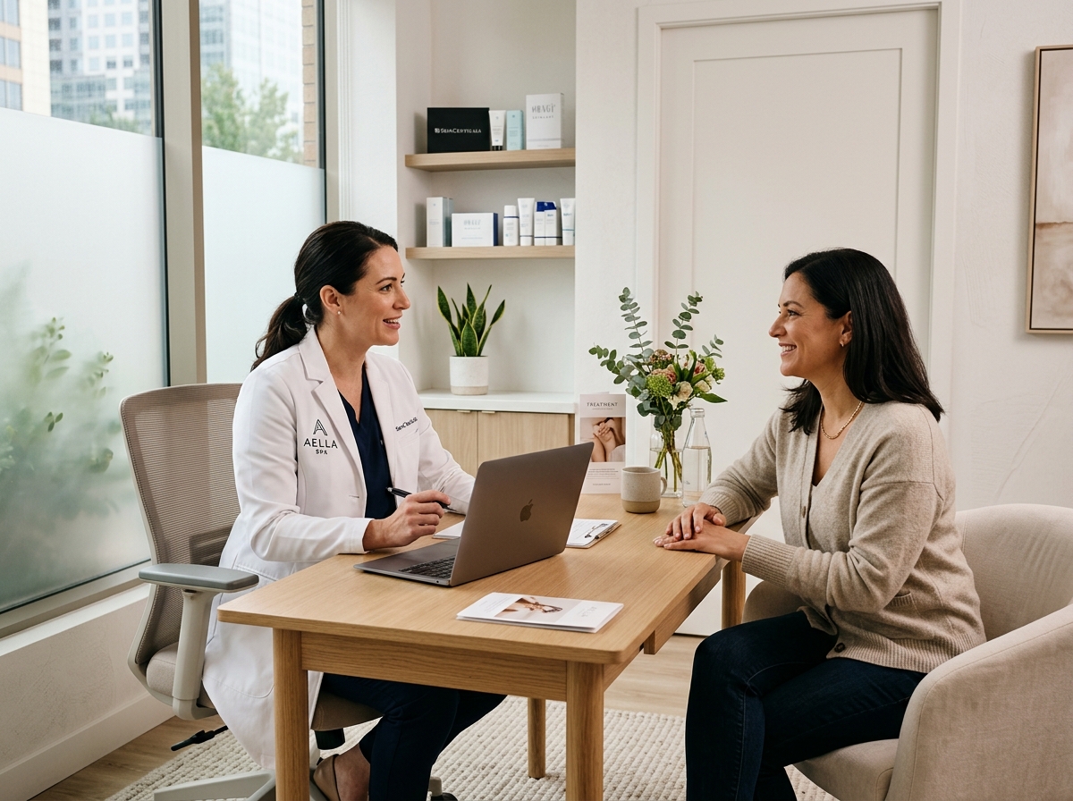 Healthcare provider in white coat consulting with patient in modern medical office with city views and product shelves.