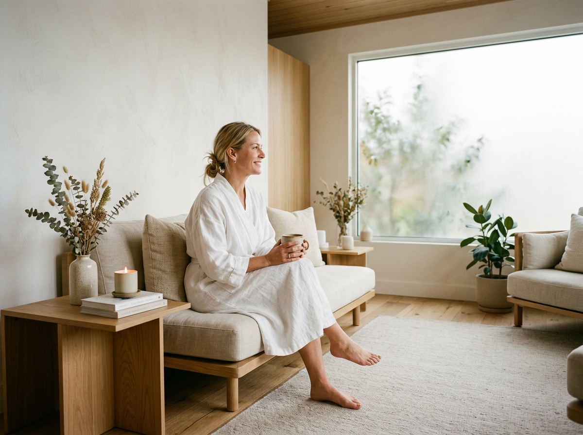 Woman in white linen relaxing on a beige chair in a serene, minimalist living room with natural light and botanical décor.