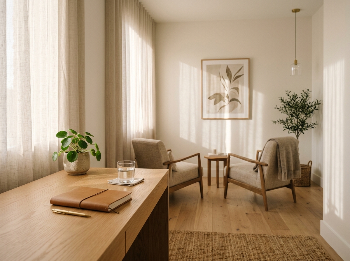 Serene consultation room with warm natural light, wooden desk, two comfortable chairs, and botanical decor.