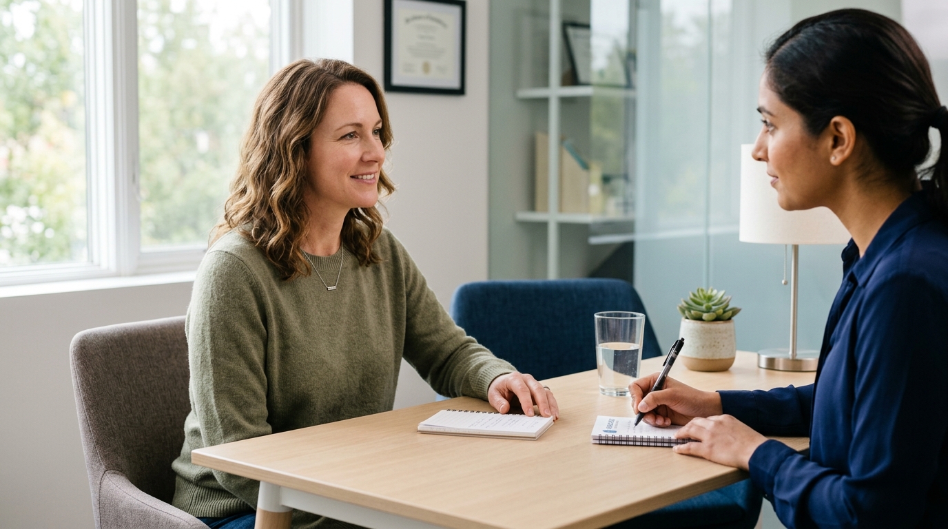 Healthcare provider in blue scrubs consulting with patient in bright medical office during friendly weight management discussion.