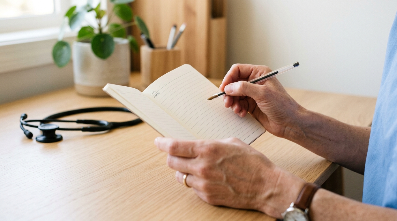 Healthcare professional writing in notebook at desk with stethoscope and plant, conveying medical expertise and patient care.