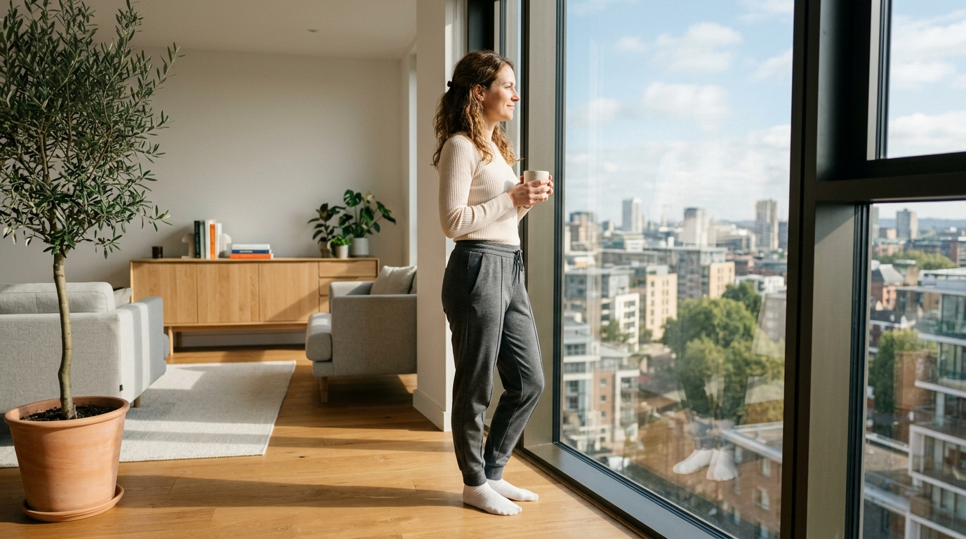 Woman standing by high-rise window in modern apartment, holding water glass with calm, contemplative expression overlooking city skyline.