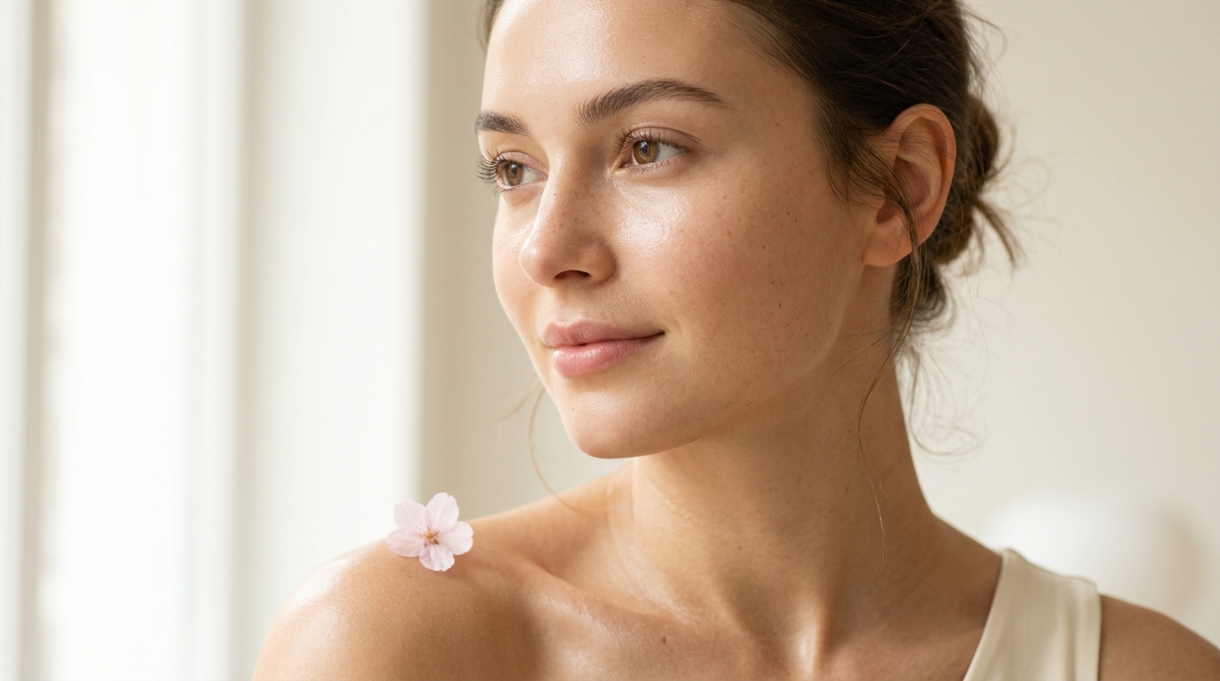 Woman with glowing, refreshed skin and a small pink flower on her shoulder in bright, natural light.