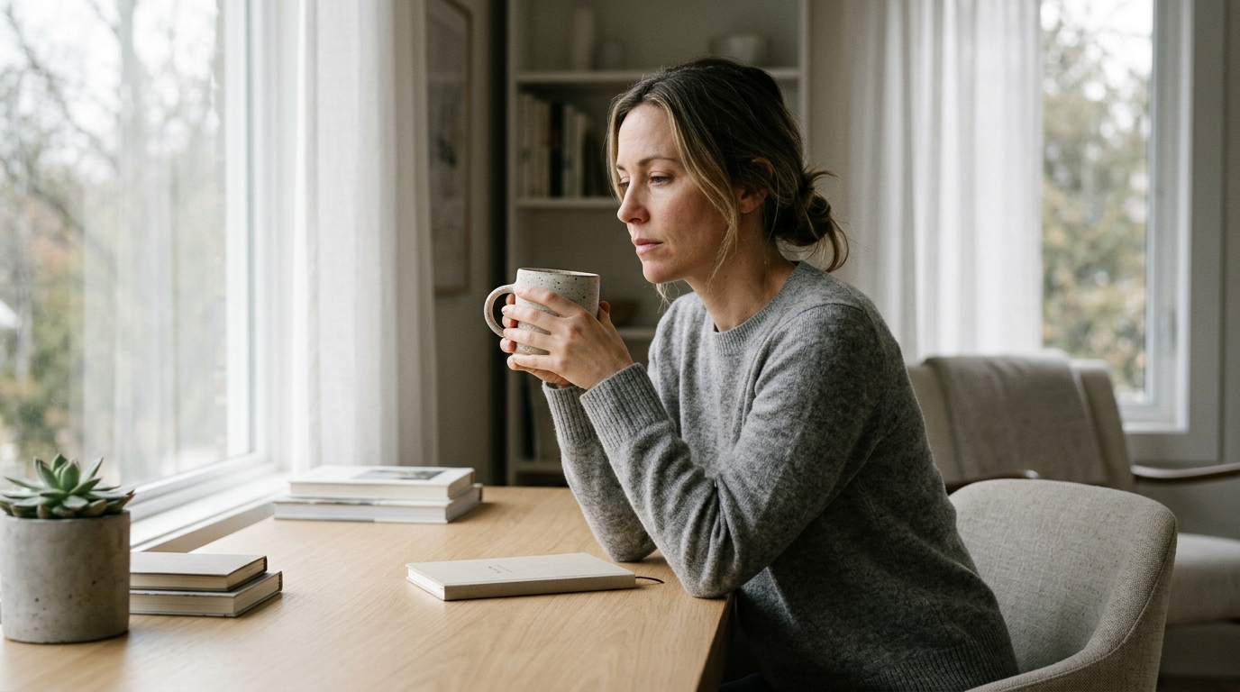 Thoughtful woman gazing out a window while holding a mug at her desk, conveying contemplation and stress.