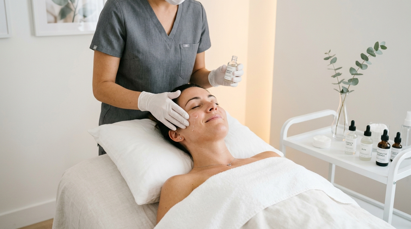 Healthcare professional applying skincare treatment to a relaxed client in a bright, minimalist medical spa setting.