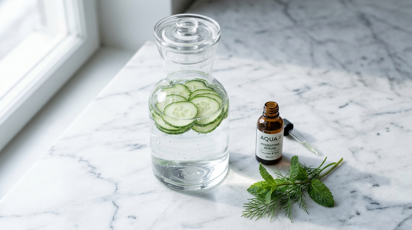 Glass jar with cucumber slices in water, hydrating serum bottle, and fresh herbs on marble surface in bright, minimalist skincare setting.