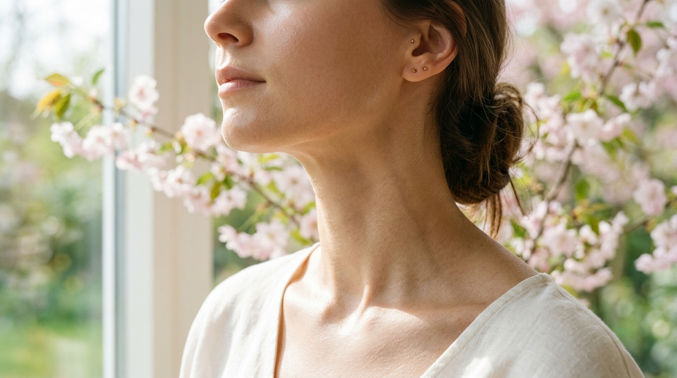 Woman with glowing skin gazing peacefully by a window surrounded by blooming spring flowers.