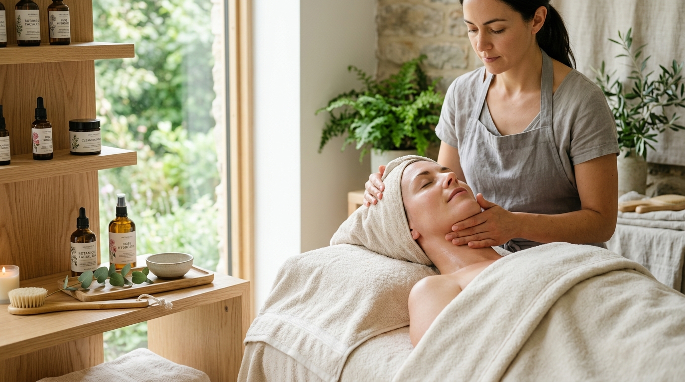 Spa therapist performing a relaxing facial massage on a client in a serene wellness room surrounded by natural beauty products and plants.