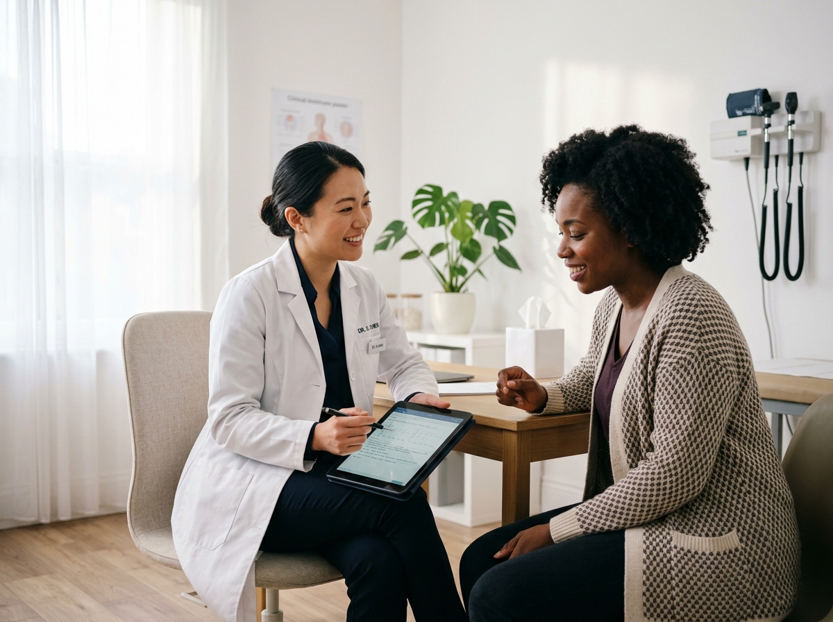 Doctor in white coat discussing patient health records on tablet with smiling patient in bright, modern medical office.