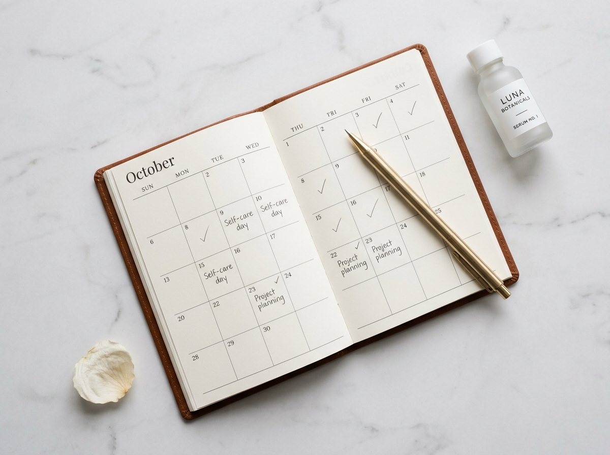 Open planner showing October calendar with checkmarks and scheduled tasks, gold pen, and skincare product on marble background.