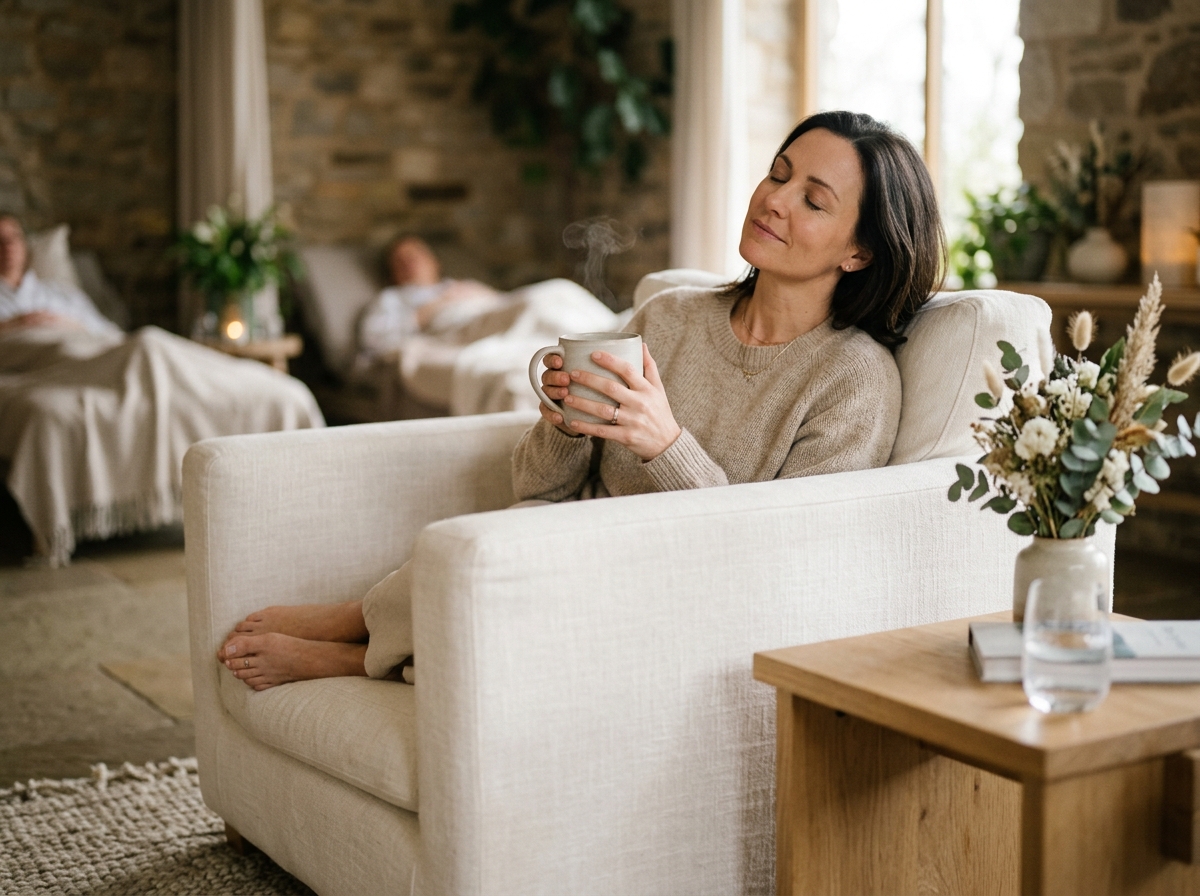 Woman relaxing in a cream armchair holding a warm beverage in a serene, plant-filled wellness spa setting.